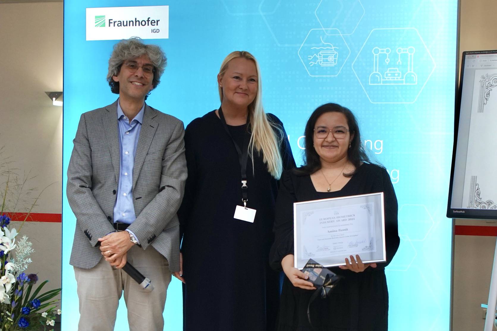 [Photo] Winner of the EAB Industry Amina Bassit together with Chairman of the Award Committee Prof. Patrizio Campisi and Chairperson of the European Association for Biometrics Frøy Løvåsdal.